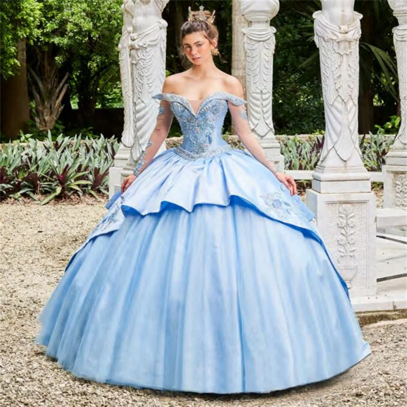 

Небесно-голубые бальные платья Quinceanera, женское платье с аппликацией и жемчугом, мексиканские милые платья 16, 15 лет