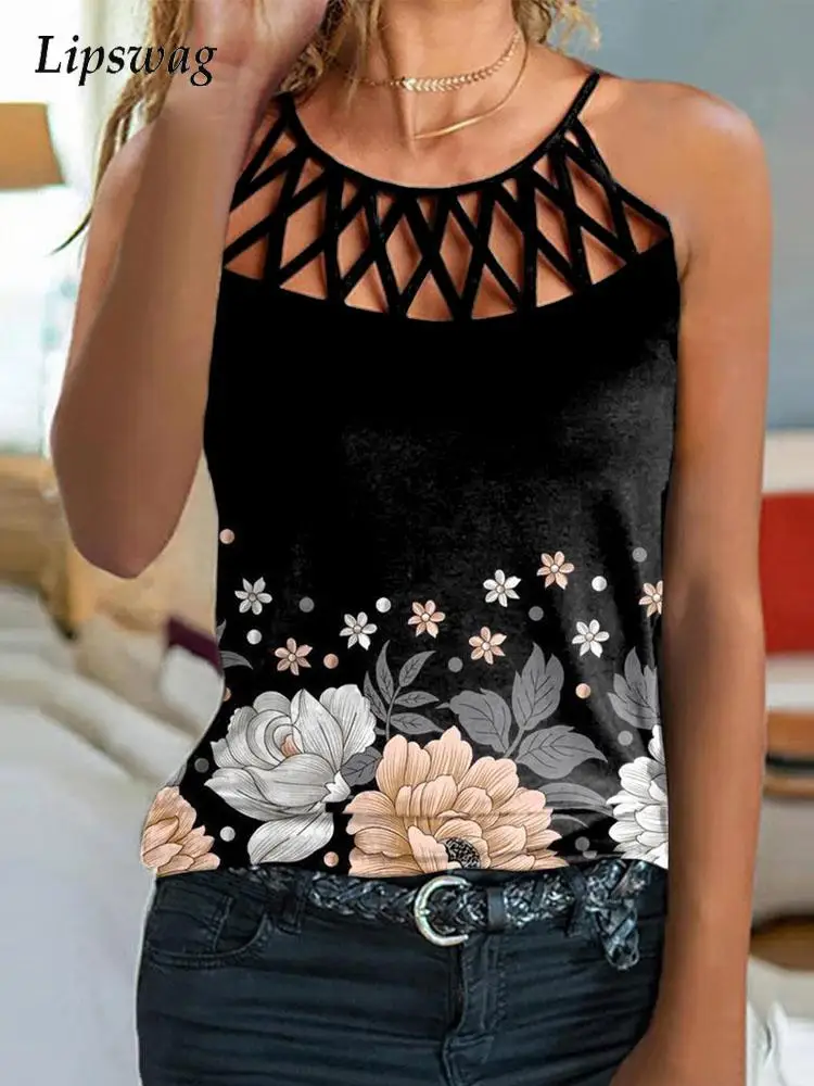 

Fashion Harajuku Printed Tops Women Casual Sleeveless Pullover Summer Sexy Sling Hollow Out Slim Blouse Shirts Female Streetwear