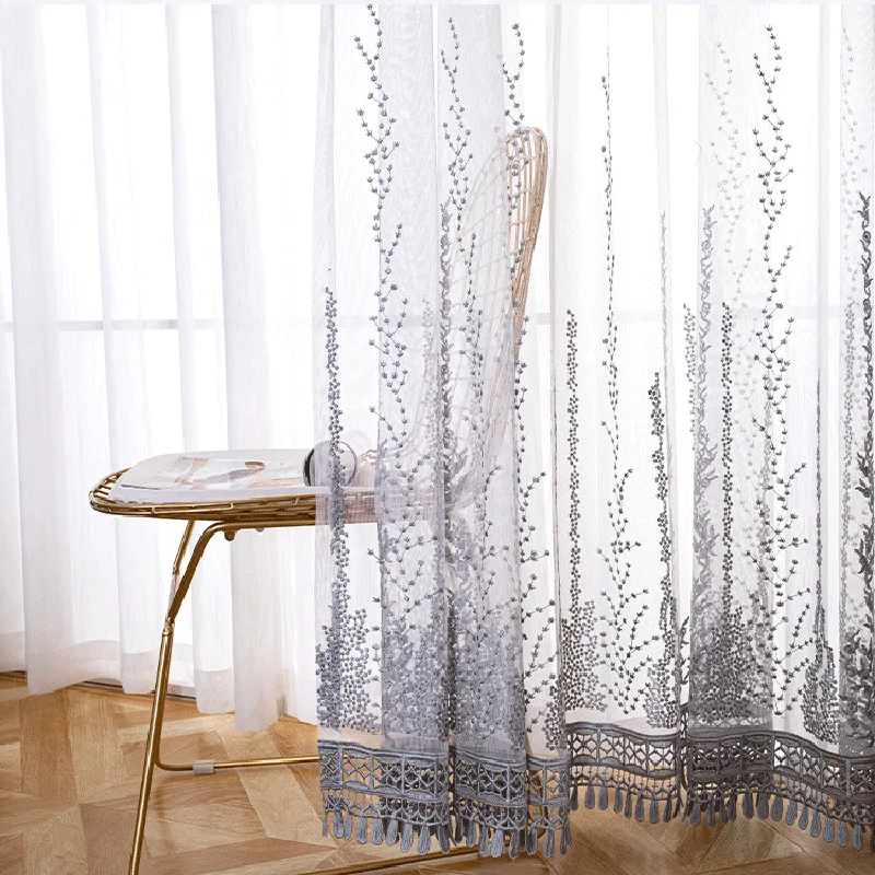 

White/Grey High Quality Exquisite Water -Soluble Embroidery Tulle Curtain Hollow Tassel Lace Sheer Voile For Living Room Bedroom