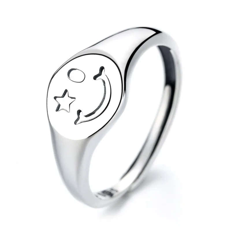 

189J ZFSILVER Silver S925 Fashion Trendy Adjustable Fine Retro Simple Hollow Star Smile Face Ring For Women Wedding Jewelry Gift