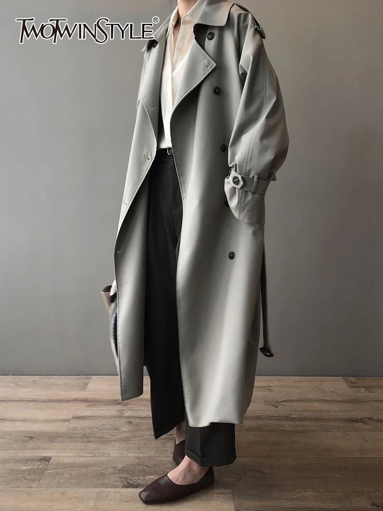 

Женский двубортный Тренч TWOTWINSTYLE, голубой однотонный двубортный Тренч составного кроя с длинными рукавами и отложным воротником на шнуровке на осень