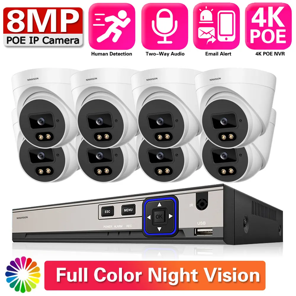 

8MP Poe Security Camera System Color Night Vision Vedio Surveillance 4K 8CH NVRTwo Way Audio Cameras Kit Ourdoor CCTV Set XMeye