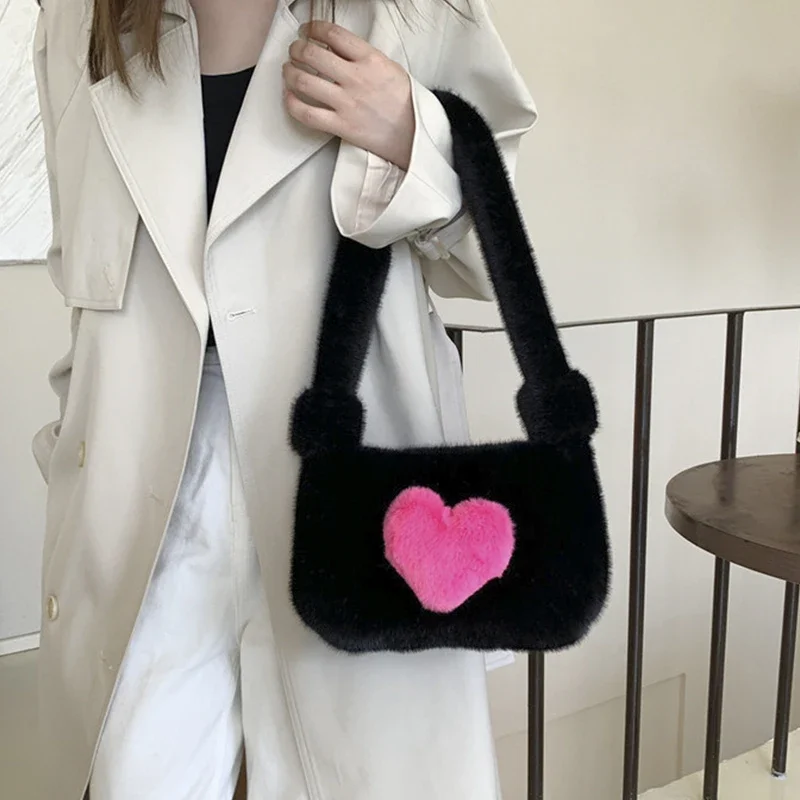 

2023 New Winter Small Fresh Women's Shoulder Bag Love Contrast Color Patchwork Plush Cute Girl Fashion Underarm Bags for Women