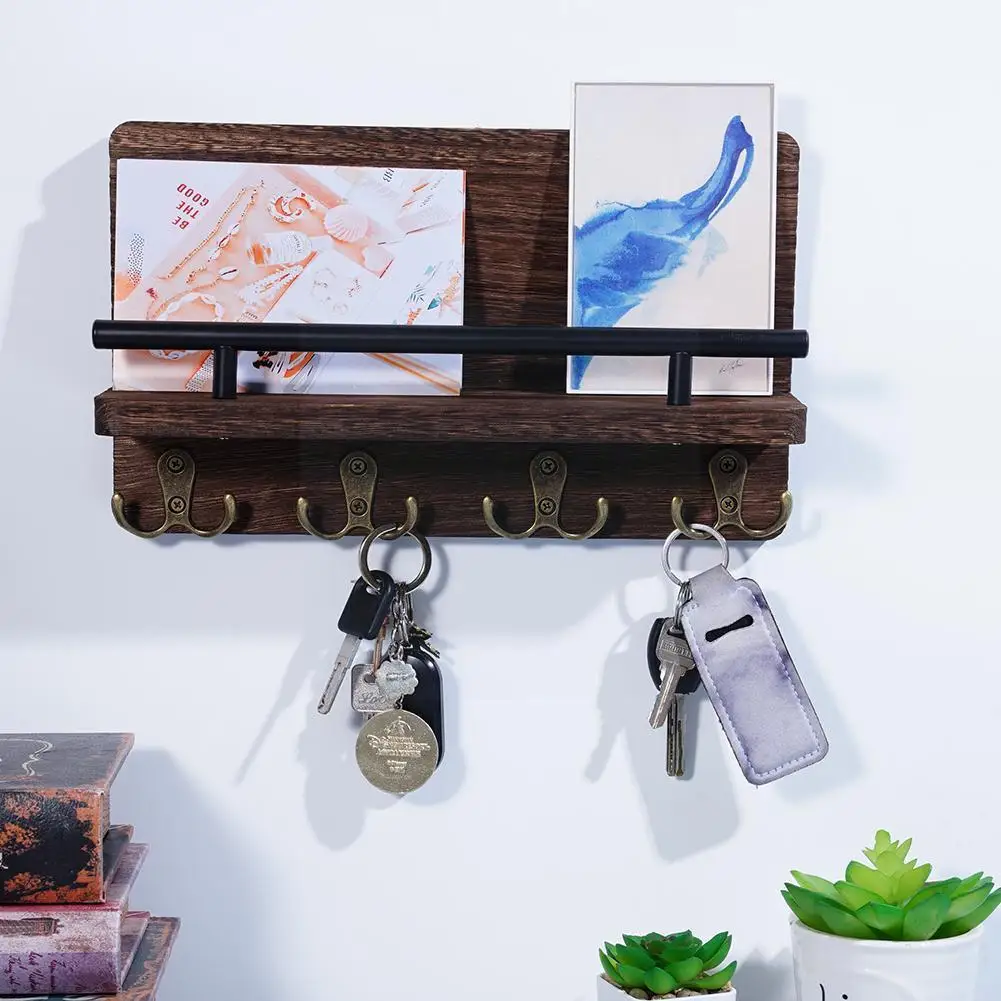 

Key Holder Wall Mounted Mail Holder With 10 Hooks And Rack Wooden 2 Keychains Key DIY Mail Wooden Hanging Decorative U1X9