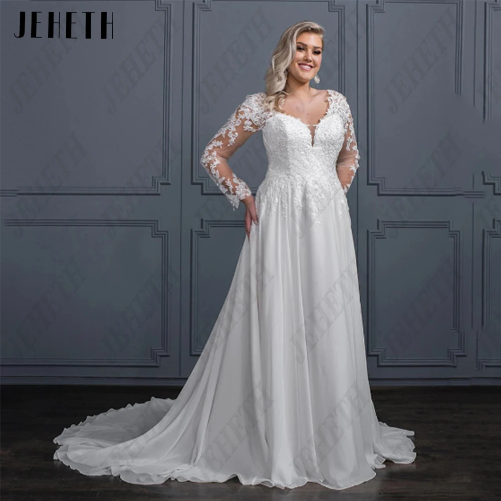 

JEHETH Свадебное платье с длинными рукавами, двойной V - образный костюм невЖенское платье с длинным рукавом JEHETH, классическое шифоновое платье-трапеция с V-образным вырезом и кружевной аппликацией, свадебное платье