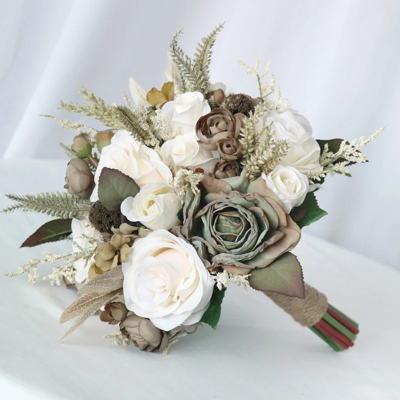 

Khaki Wedding Bride Bouquet Bridesmaid Hand Tied Artificial Flowers Decor Home Holiday Party Supply Floral European Rose Gifts