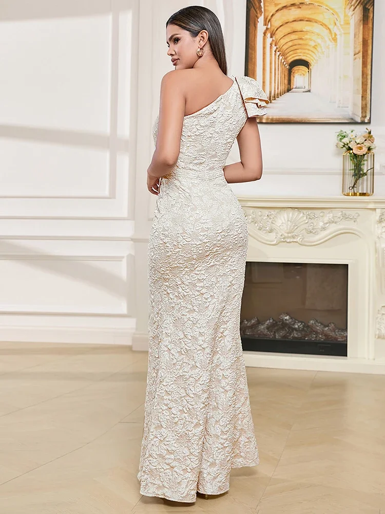 Женское жаккардовое платье макси с одним открытым плечом и цветочным принтом