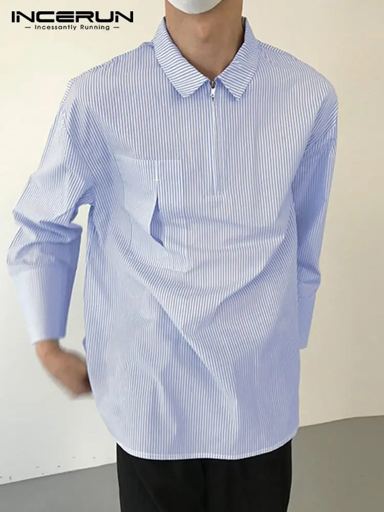 Casual Simple Style Tops INCERUN Men Leisure Striped Blouse Handsome Male Front Mid-Zipper Long Sleeve Pocket Shirts S-5XL 2022