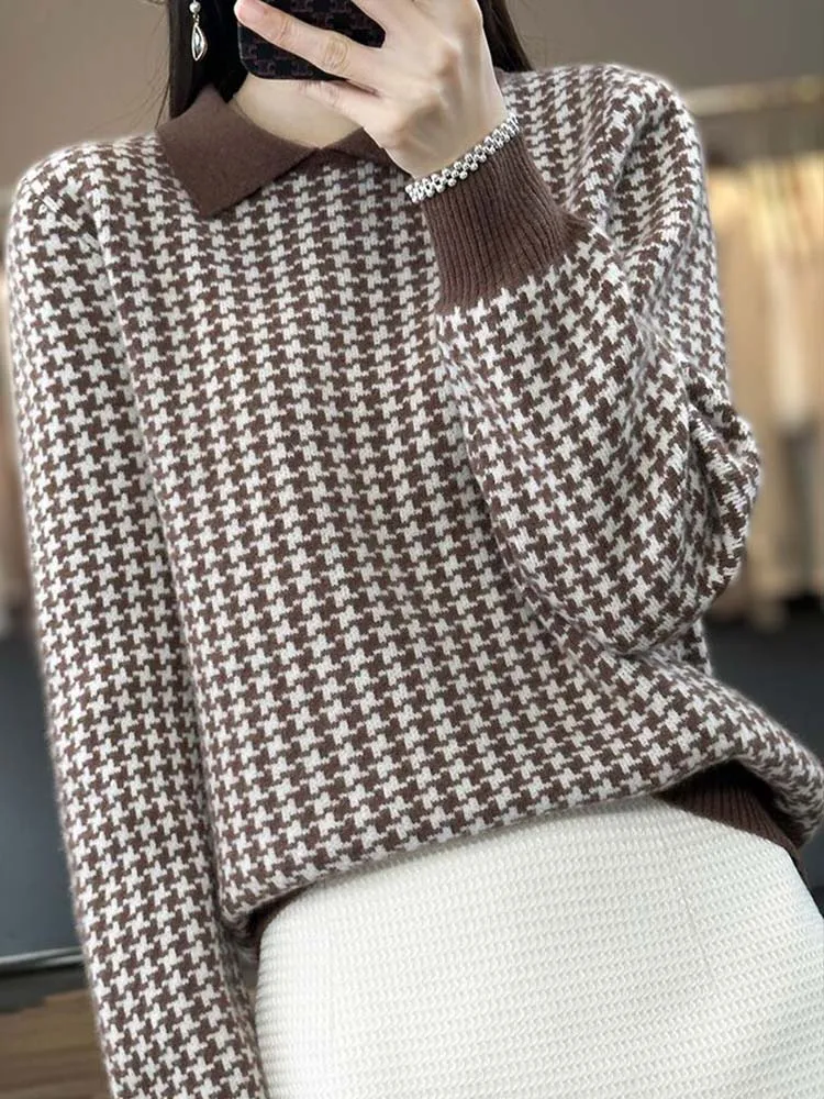 

Повседневный трикотажный пуловер с отворотами в клетку «тысяча птиц»; Новинка осени 2022 года; Модная женская одежда в Корейском стиле