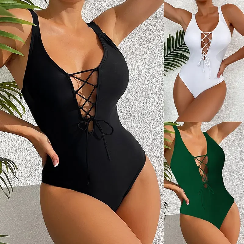 

2023 New Slim-fit Conservative One-piece Swimsuit Cross-border Solid Color Halter Multi-color Wispy Empty Beach Bikini Swimsuit