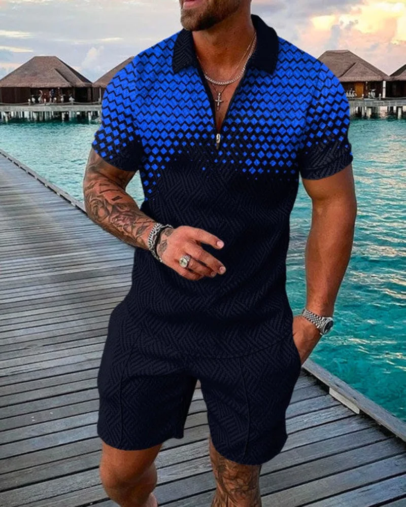 New2023 Men Casual Set Streetwear 3D Digital Printing Short Sleeve Polo Shirt + Shorts Summer Harajuku Sportswear Men‘s Clothing