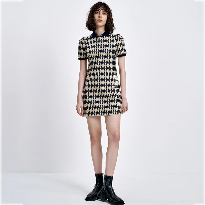 

Office Lady Dress Women Polo-Neck Rhombus Casual Elegant Vintage Short Sleeve Slim French Mini Summer Dresses New Korean 2022
