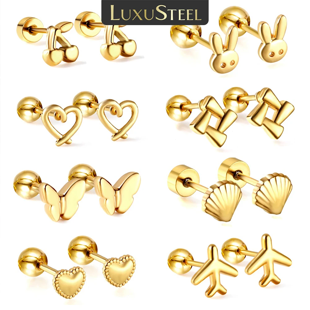 LUXUSTEEL Золотая бабочка в форме сердца женские серьги-кольца самолет кролик из