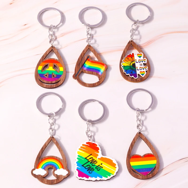 

Fashion Colorful Love Heart Keychains Wood Water Drop Charms Keyrings for Women Men Car Key Handbag Pendants Key Chains DIY Gift