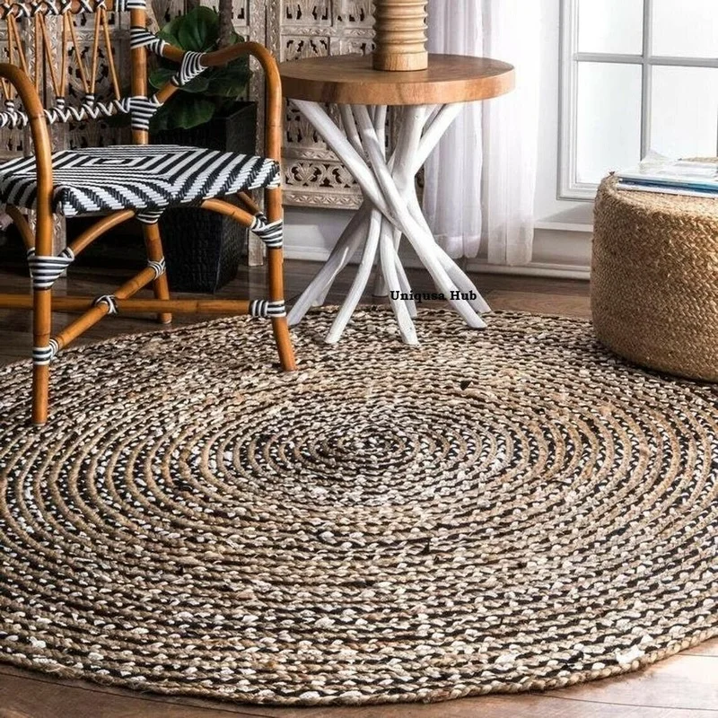 

Carpet Jute and Cotton Handmade Round Rag Rug Double-sided Multicolor Area Rug Floor Mat In The Room Rugs for Bedroom
