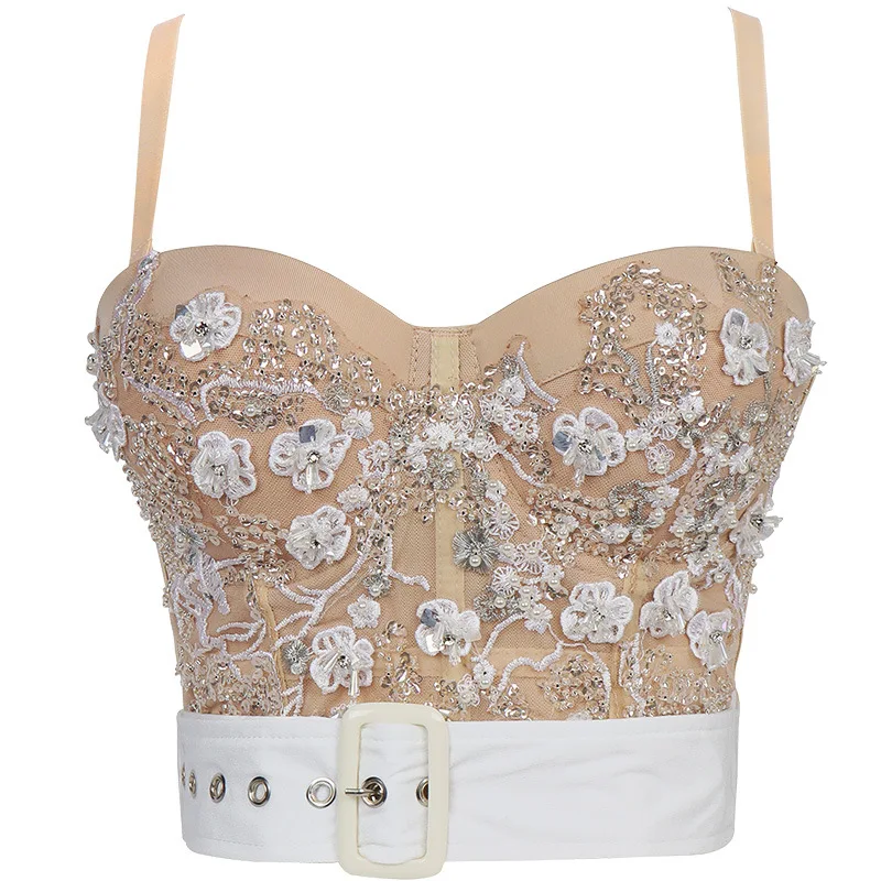 

Ballroom Women Corsets Padded Binder Chest Underwired Embroidered 3D Hand-made Sequins Gathered Bralet Sling Wrapped Rim Bustier