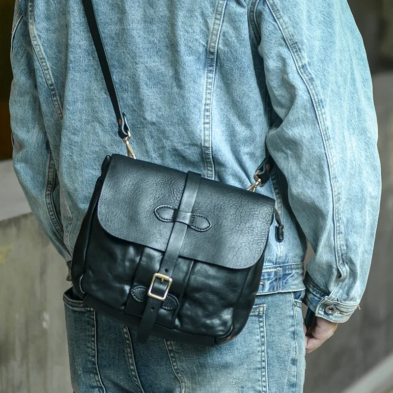 Retro fashion  luxury designer natural real leather men black hot sale messenger bag outdoor daily work ipad shoulder bag male