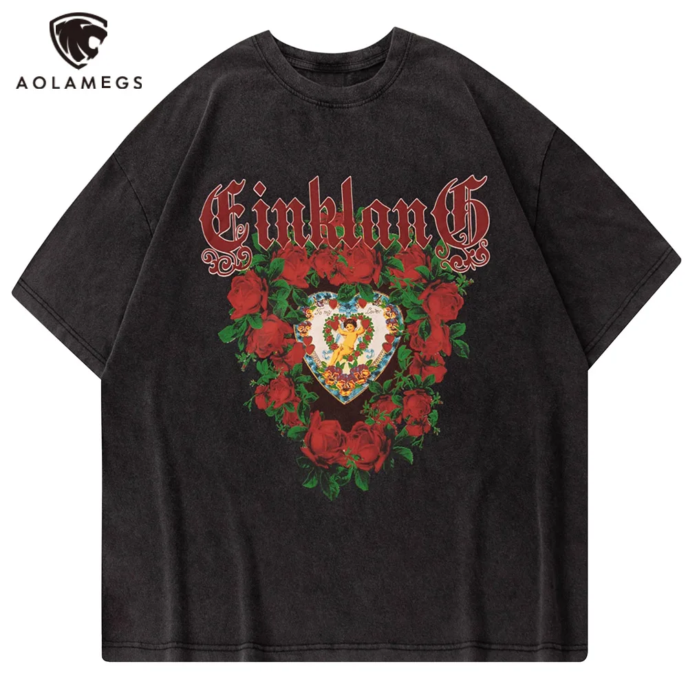 

Aolamegs Men's Oversized T-Shirts Flowers Graphics Print T Shirt Summer Hip Hop Punk Style Loose Top Tees High Street Streetwear