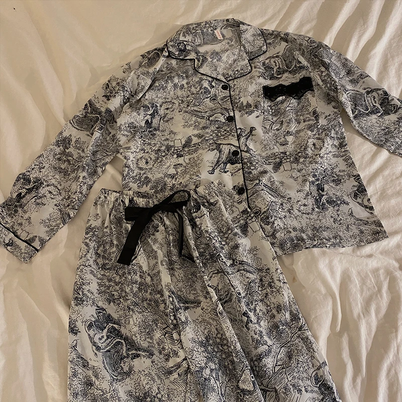 

Пижамный комплект женский Шелковый из двух предметов, пикантная кружевная тонкая пижама с длинным рукавом, домашняя одежда, свободное ночное белье