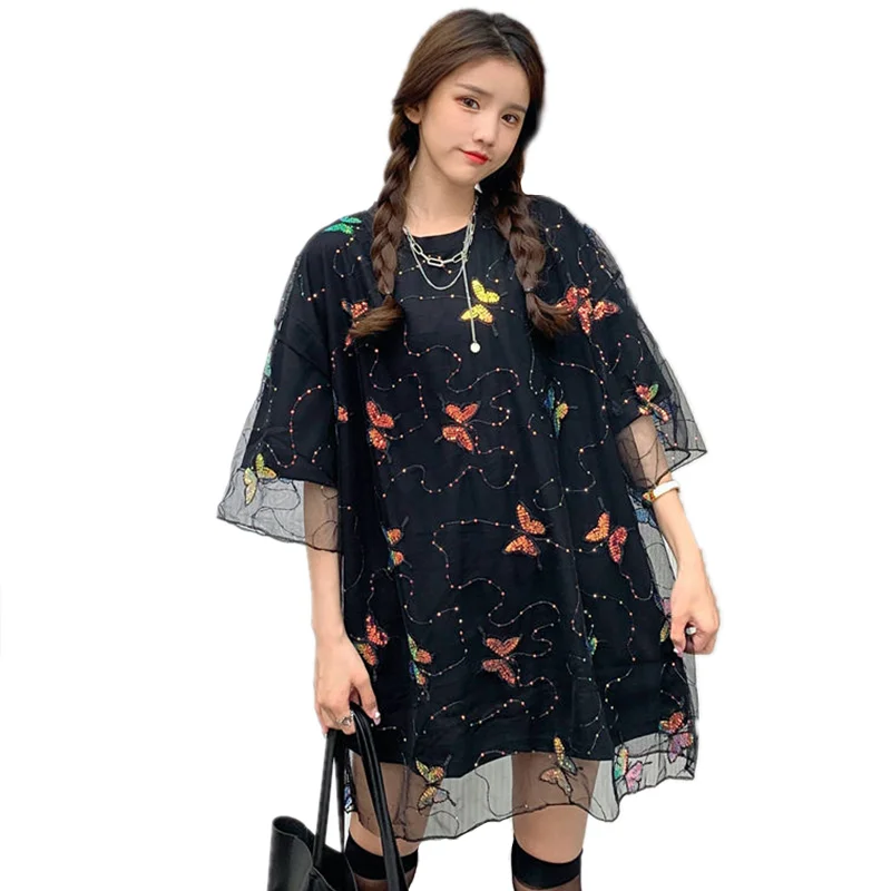 

Summer Chic Harajuku Sequin Butterfly Stitching Mesh Top T-shirt Women Casual Streetwear Oversized Long Tshirt Daily Clothes