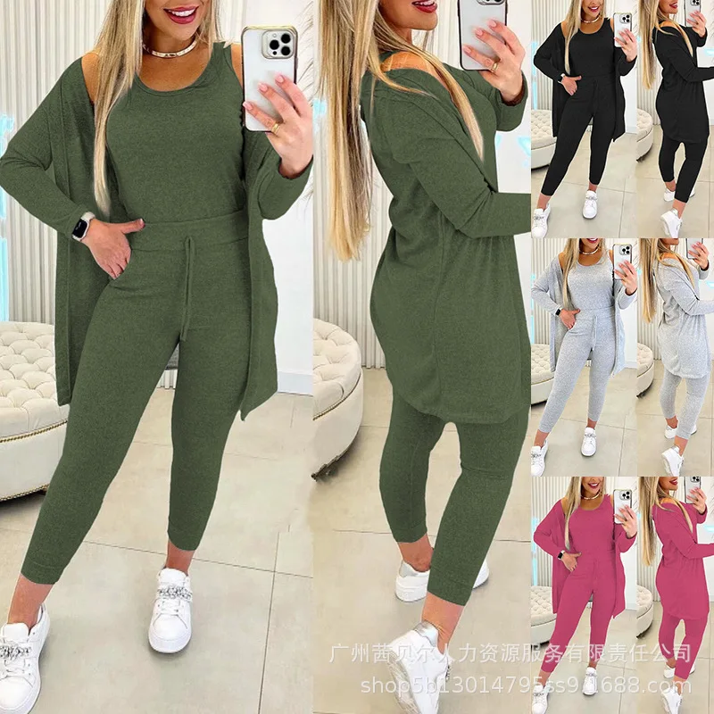 

Комплект из трех предметов: майка с круглым вырезом и брюки на шнуровке, женский модный Повседневный Кардиган, кофта и брюки с высокой талией