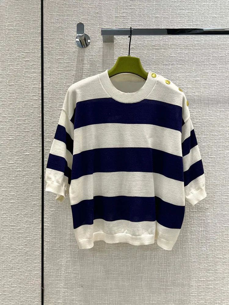 

Bearomad High Quality Runway Designer Spring Elegant Striped Knitting Shirt women O-Neck Sequined Slim Chic Casual Shirt