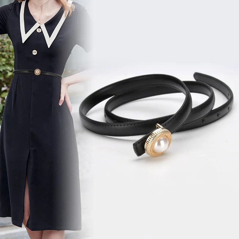 

16 Color Noble Pearl Metal Buckle Fashion Cowhide Thin Women's Belt Suit Jeans Black High Quality Genuine Leather Designer Belt
