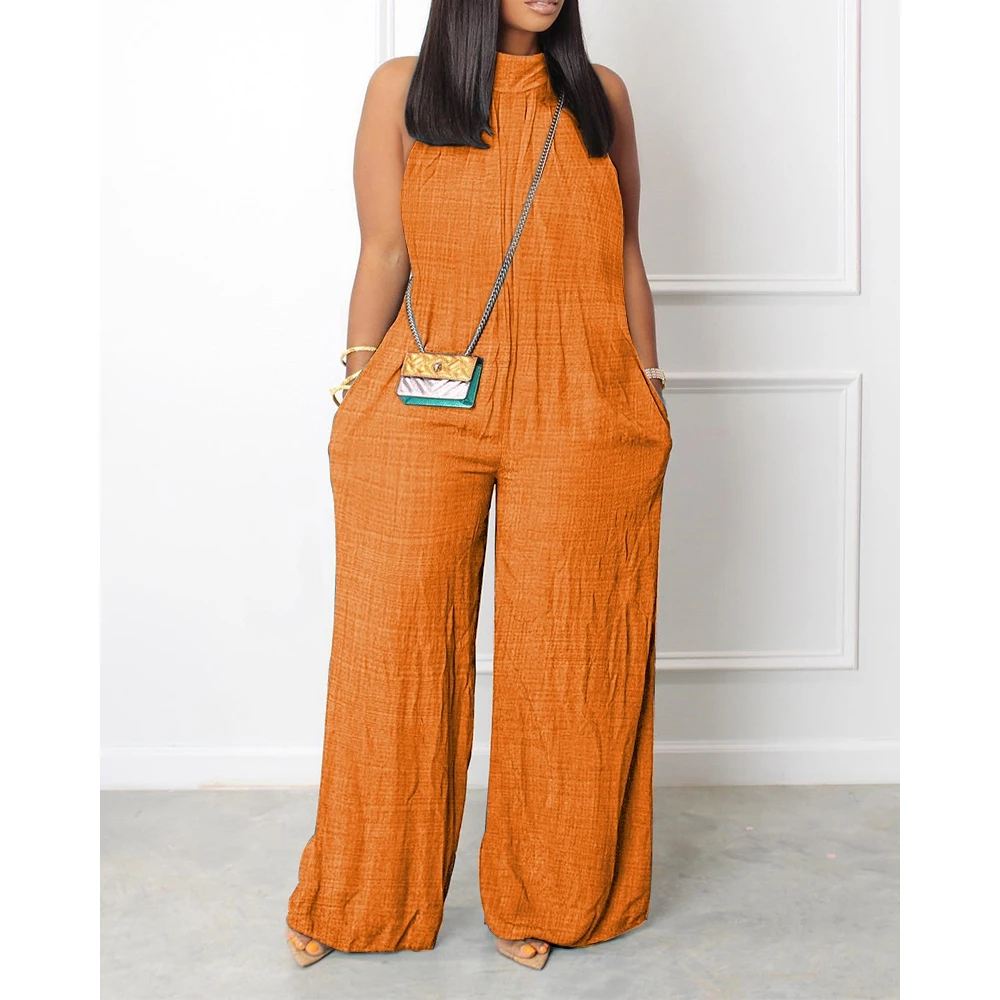 Summer Sleeveless Halter Jumpsuits Women Wide Leg Pocket Design Pants Spring Korean Style Casual Mock Neck Cloth Work for Woman