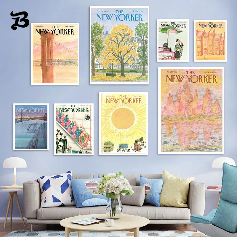 

The New Yorker Magazine Cover Vintage Abstract Canvas Painting Wall Art Nordic Landscape Canvas Poster for Living Room Decor