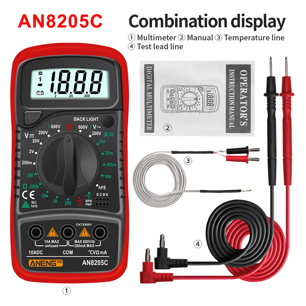 

ANENG AN8205C Portable Digital Multimeter AC/DC Ammeter Volt Ohm Tester Meter DC 600V Multimetro With Thermocouple LCD Backlight