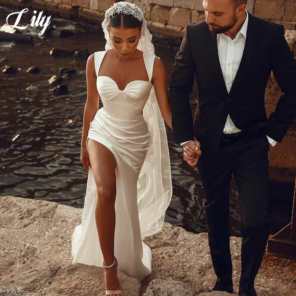 

Chic Ivory Mermaid Satin Wedding Gowns Sweetheart Hig Slit Sexy Wedding Dresses Sexy Bridal Dresses Customize Vestido De Noiva