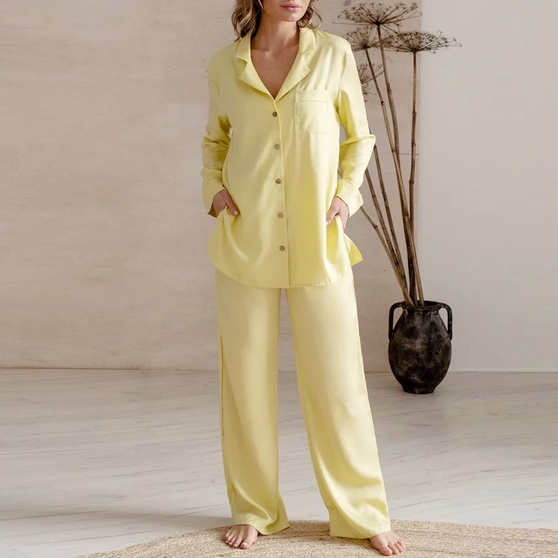 

Satin Home Suit Wear Summer Long Sleeve 2 Piece Shirt Top And Wide Leg Pants Women Sets Loose Casual Solid Ladies Trousers Set