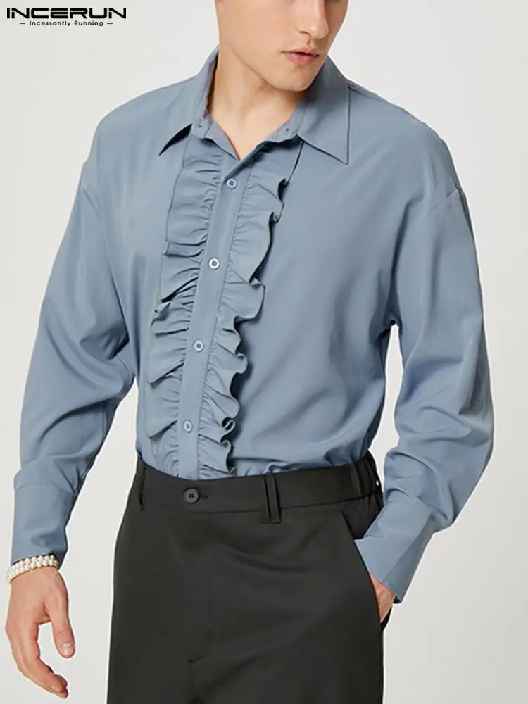 

INCERUN Men Shirt Ruffle Solid 2022 Lapel Long Sleeve Streetwear Fashion Dress Shirts Elegant Button Casual Men Clothing S-5XL