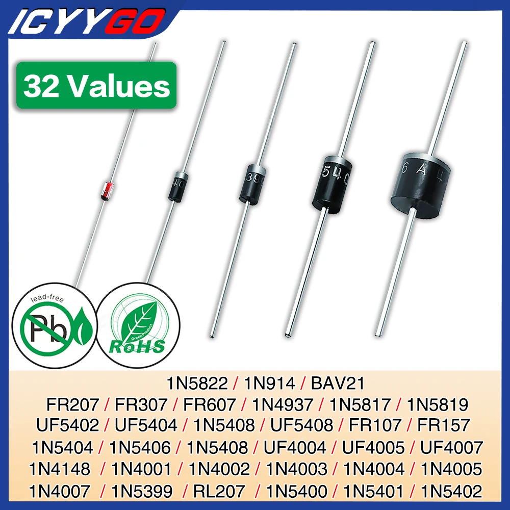 32Values ​​1N4001 1N4004 1N4007 1N5408 UF4007 1N5817 1N5819 1N5822 1N4148 Быстрое переключение выпрямительного диода с барьером Шоттки
