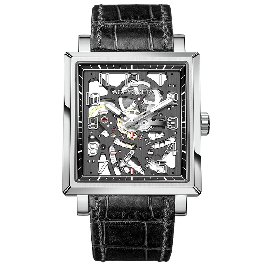 

AGELOCER Sapphire Hollow Engraving Skeleton Mechanical Watch Men Luxury Brand Original Design Black Leather Square Heren Horloge