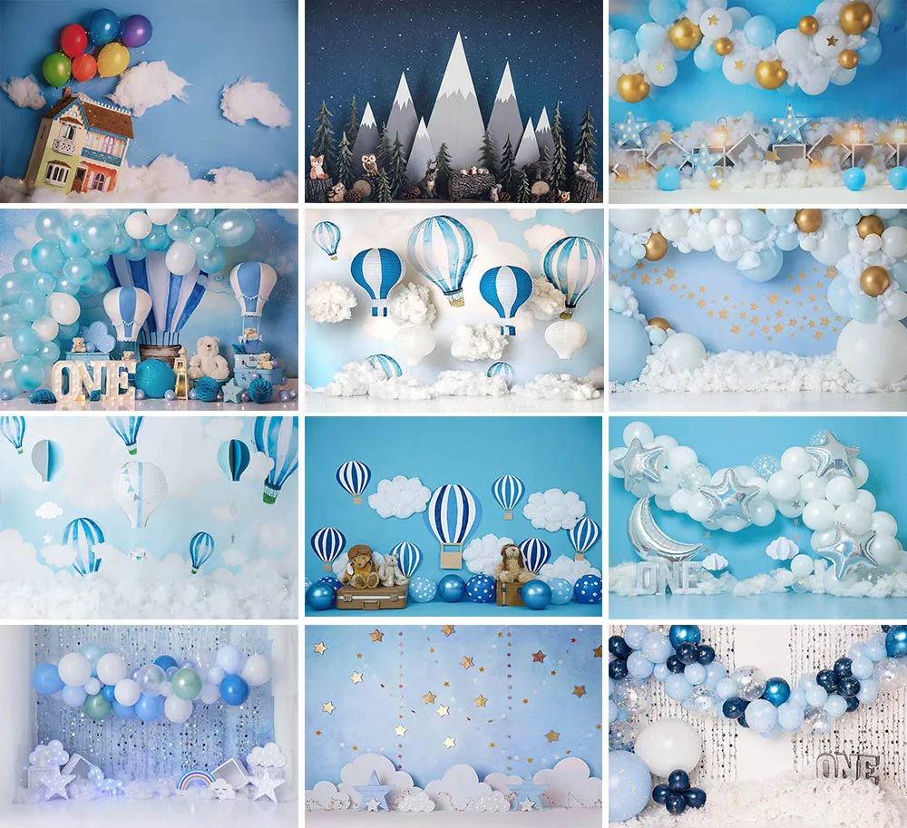 

Фон для фотосъемки Mehofond с голубым небом облаками воздушными шарами мальчиками на 1-й День рождения тортом разбитой фотостудией