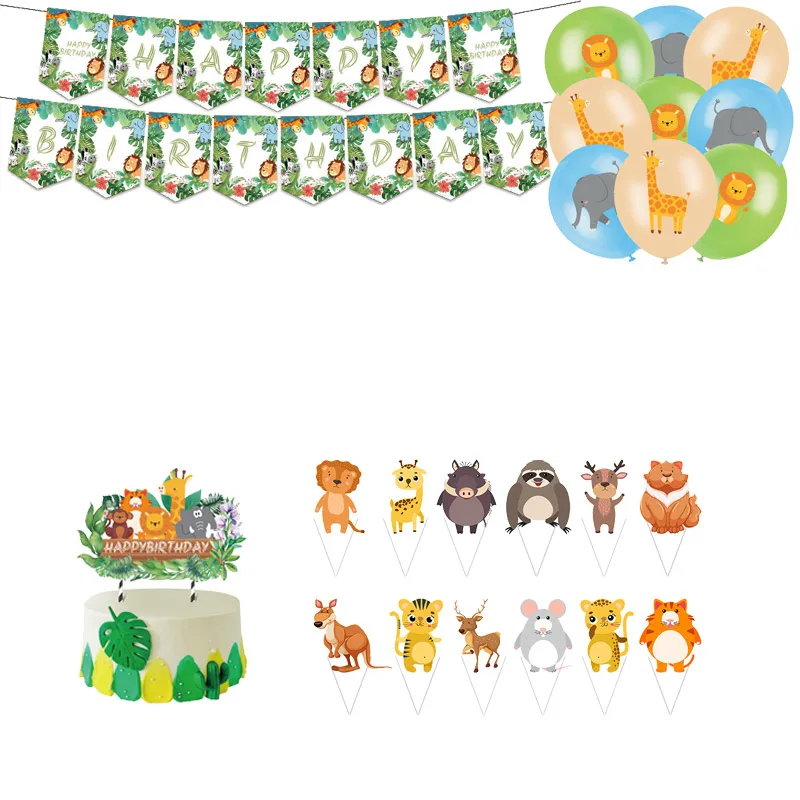 

Cute Jungle Animal Birthday Party Decoration Banner Disposable Cake Insert Row Latex Balloon Background Baby Shower Kid Toy Gift