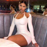 sexy cut out halter long sleeve dresses for women 2022 party night club outfits white rib bodycon mini dress