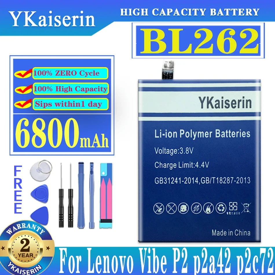 

YKaiserin 6800mAh BL262 BL 262 Battery For Lenovo Vibe P2 P2C72 P2A42 Mobile Phone Replacement Batteries Bateria