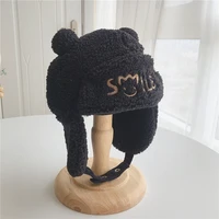 baby knit hat for 1 5y autum winter cotton lamb wool warm protect ears embroidery lei feng cap solid color lovely bear with ear