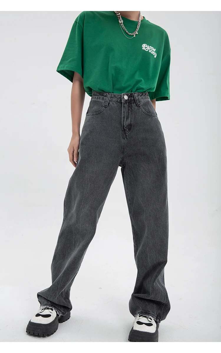 

Vintage Black High Waist Baggy Chic Design Ladies Denim Pants Wide Leg Denim Retro All-match High Waist Women Trousers