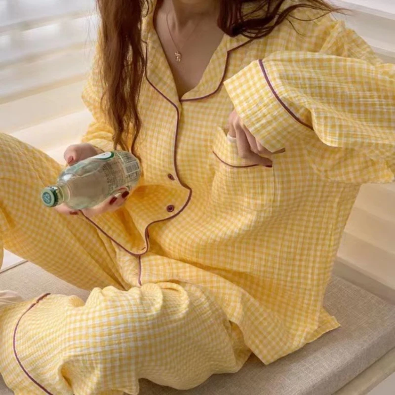 Пижама из промытого хлопка и крепа домашняя одежда в клетку повседневная для сна