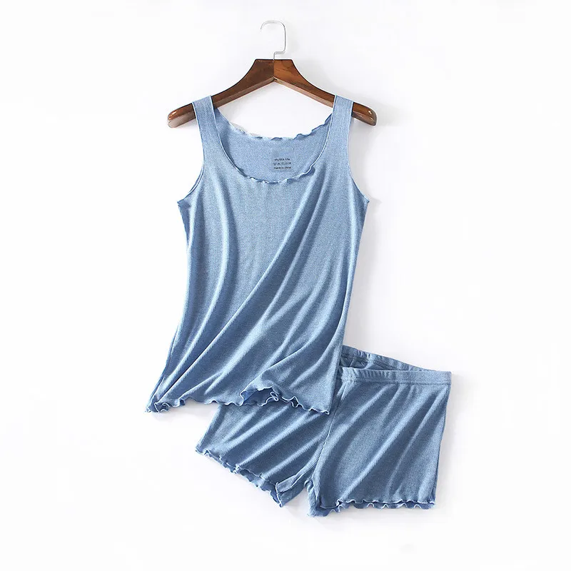

2 Piece Set Women Home Wear Soft Blue Sleep Wear Sleeveless Vest Shorts Suit Elastic Homewear Ladies Outfits Two Piece Sets
