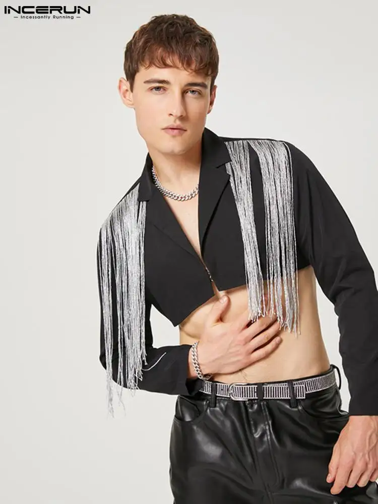 

INCERUN Fashion Men Blazer Tassel Patchwork Lapel Long Sleeve One Button Crop Coats 2022 Men Casual Thin Suits Streetwear S-5XL
