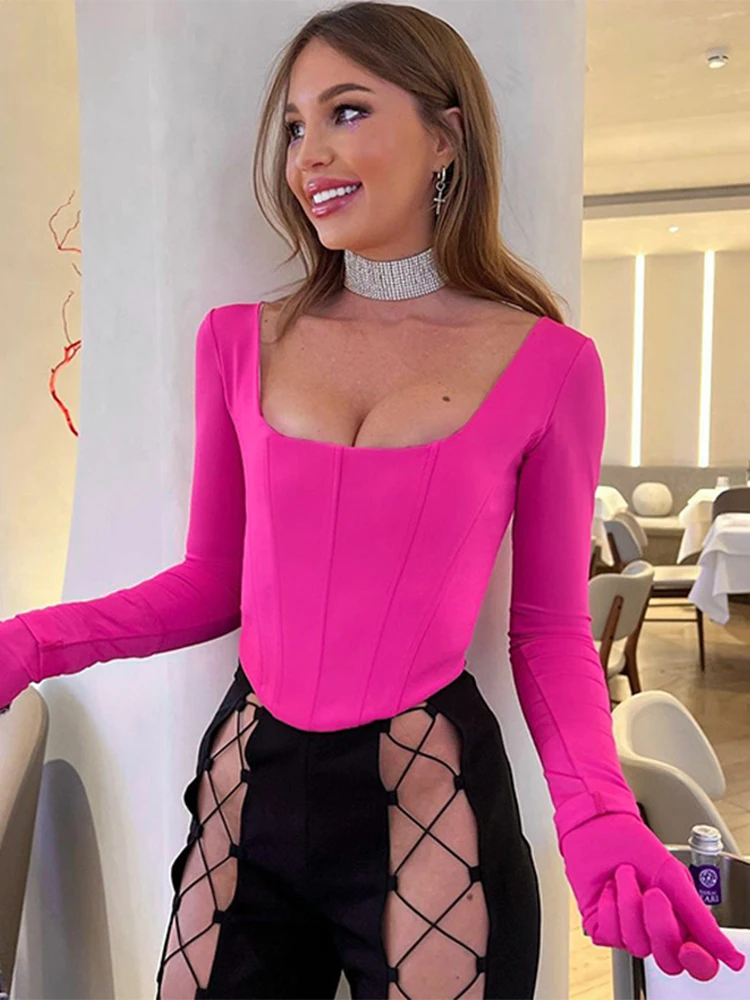 

Модный Элегантный укороченный Топ с длинным рукавом и перчатками на пальцах 2023 весенний сексуальный укороченный топ с глубоким вырезом и квадратным вырезом корсет Топы женские с открытой спиной