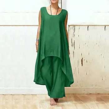 Summer New Linen Women High Waist Pants Linen Shirt Set Bohemia Retro Irregular Casual O-neck Top and Wide Leg Pant 2-piece Sets 1