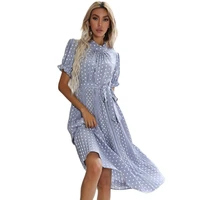 summer small fresh and fashionable casual slim skirt mid length short sleeved polka dot round neck tie pleated jumpsuit