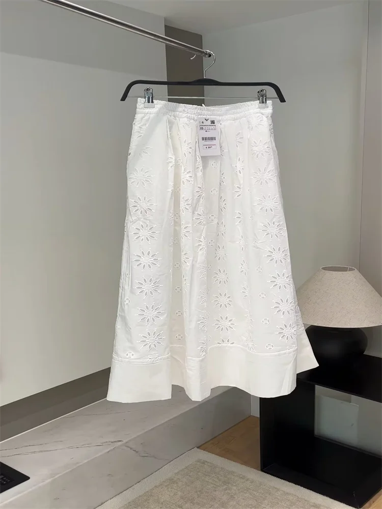 

UNIZERA 2023 Summer New Women's Style Sweet Hollow out Embroidery White Midi Skirt High Waist Skirt 7576979