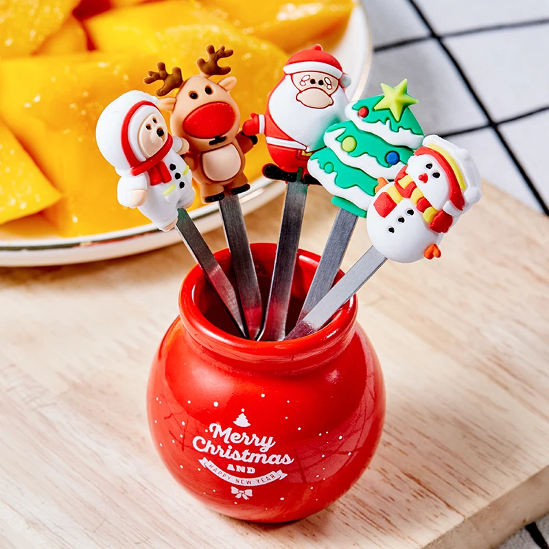 

5Pcs Christmas Fruit Fork Stainless Steel Fruit Forks with Holder Party Decoration Vegetable Cake Food Toothpick Kitchen Tool