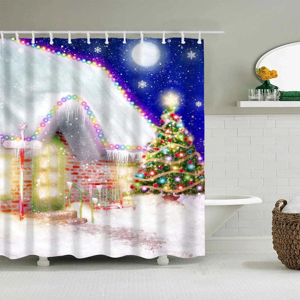 

Fantasy Snowy Scenery Shower Curtain Xmas Tree Snowflake House Winter Snowman Christmas Bath Curtains Bathroom Decor with Hooks